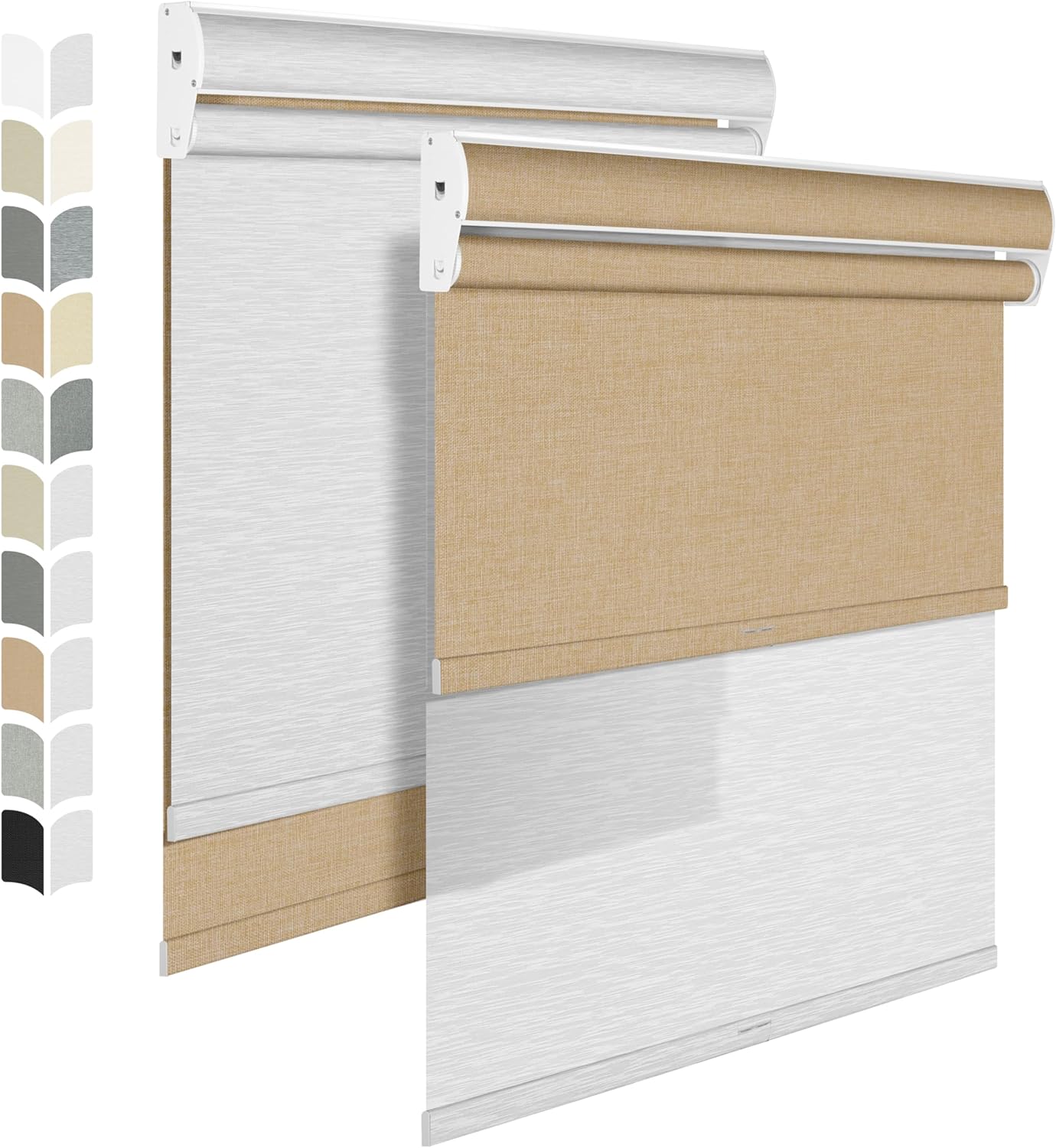 BERISSA Cordless Dual Roller Shades with Cassette Valance, Blackout and Light Filtering Shades for Home Office Door. Linen Beige and White. 78 W x 48" H