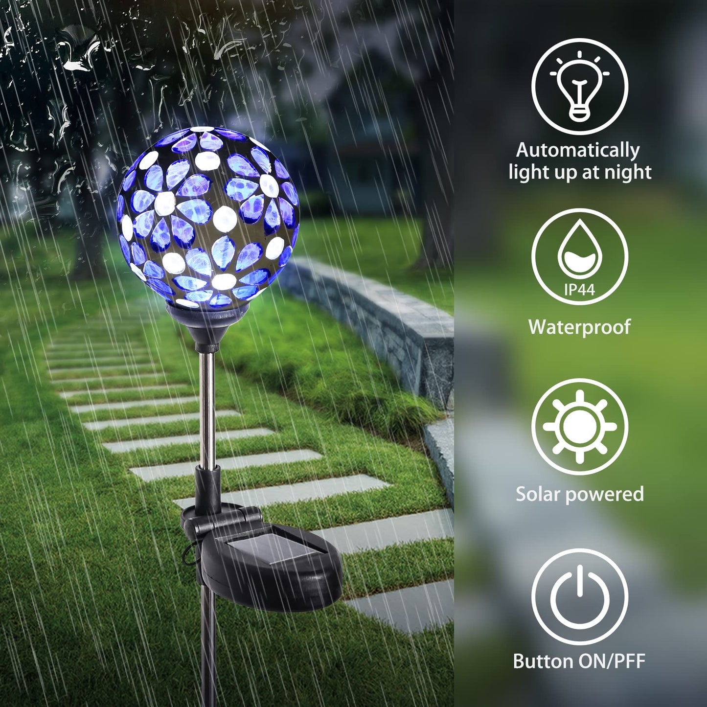 WNP Blue Outdoor Mosaic Solar Light Stake - Waterproof Glass Flower Petal Ball Decor for Garden, Yard, Path
