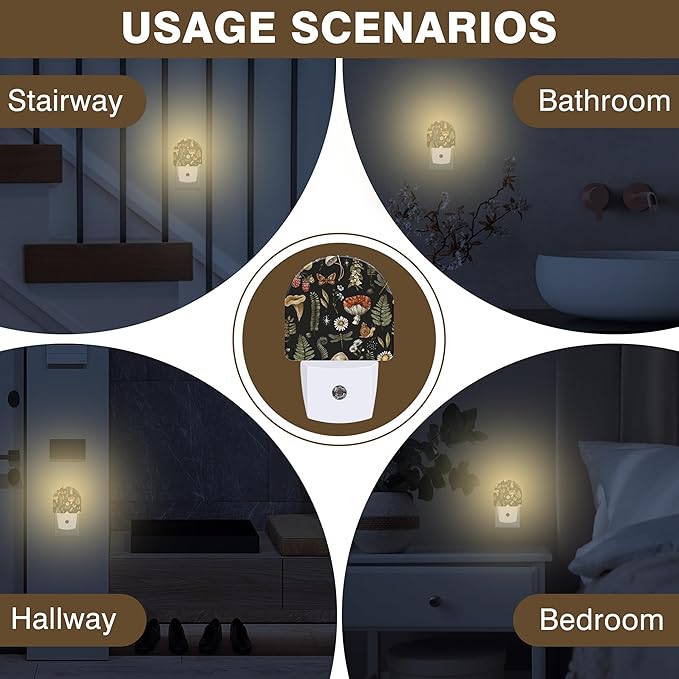 Night Lights Plug into Wall Nature Woodland Mushroom Forest Plants Night Light Dusk to Dawn Smart Sensor Decorative Round Led Lamp for Bedroom Kitchen Hallway Nightlight for Women Men