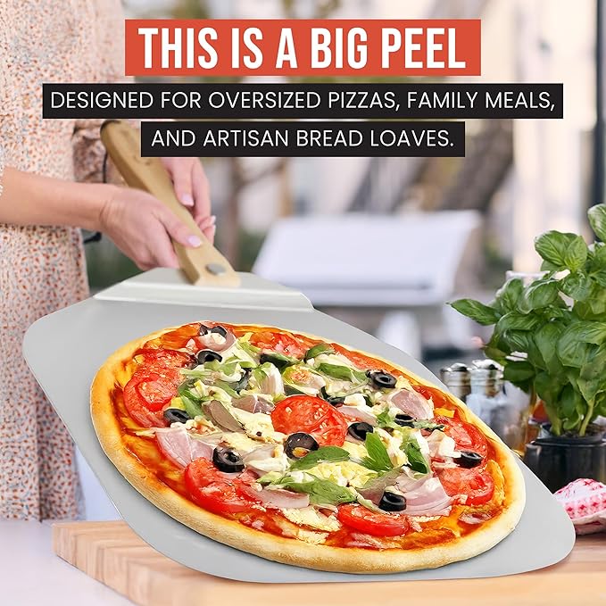 Chef Pomodoro Aluminum Metal Pizza Peel with Foldable Wood Handle for Easy Storage, Pizza Spatula, Gourmet Luxury Pizza Paddle for Baking Homemade Pizza Bread (18 x 20 inch)