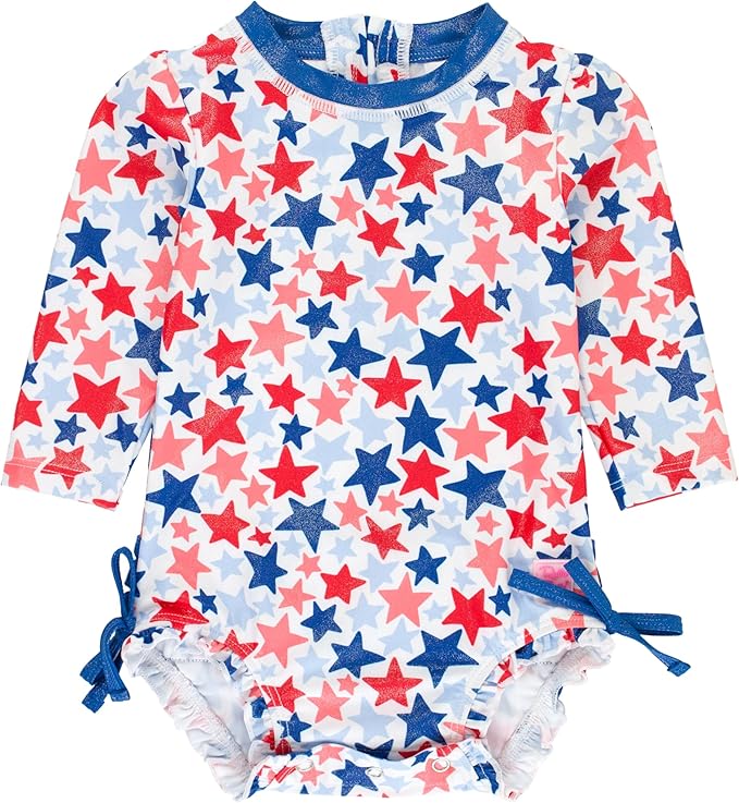 RuffleButts Baby Girls UPF 50+ Sun Protection Novelty Print Long Sleeve One Piece Rash Guard Swimsuit with Zipper