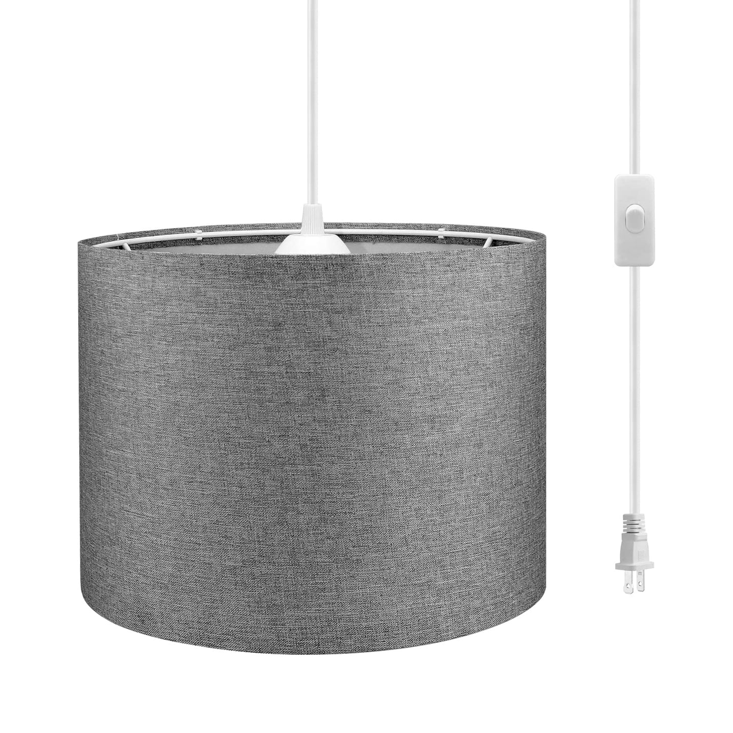 Kuaugst Plug-In Pendant Light, 15 Ft Hanging Lamp With Fabric Shade, On/Off Switch, Gray