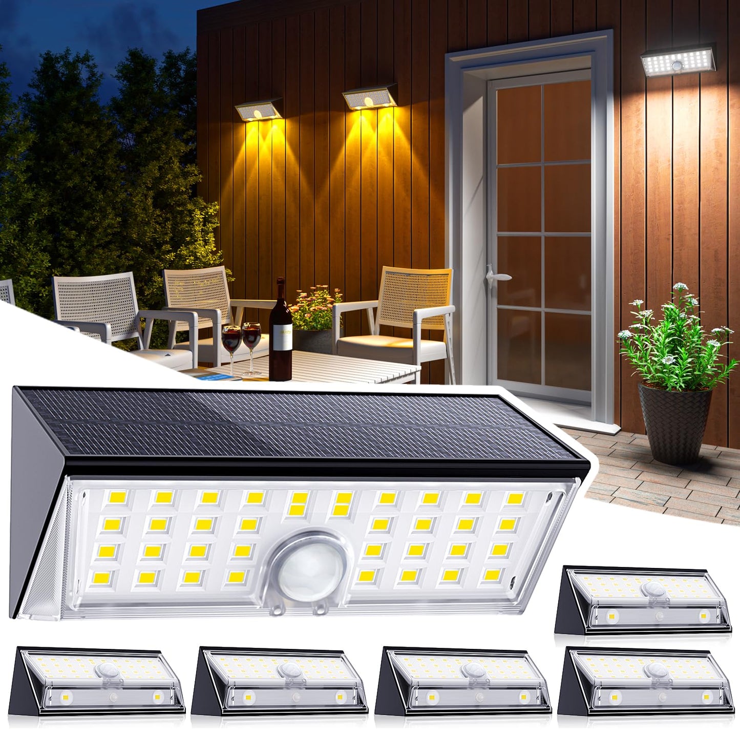 JSOT Solar Lights Fence for Outside, 4 Modes Solar Motion Sensor Lights Outdoor Waterproof I P65, 4Pack Ultra Bright Wall Securi