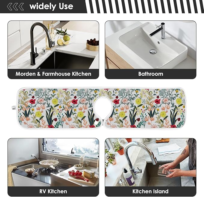 Kitchen Faucet Absorbent Mat,Summer Blooming Flower Water Splash Guard for Sink, Faucet Drip Catcher Thicken Sponge Microfiber Faucet Water Catcher Mat Sink Absorbent Mat for Kitchen 14x5in 2 Pack