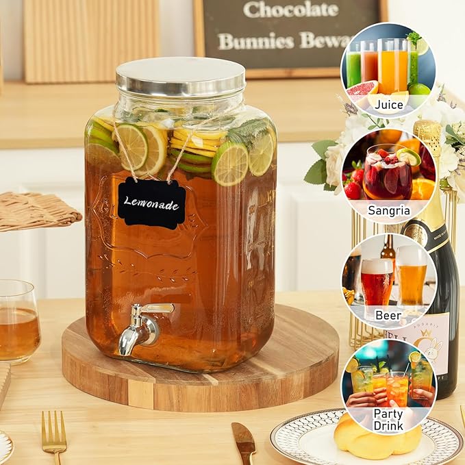 Moretoes 2 Gallon Glass Drinks Dispenser for Parties, Sun Tea Glass Jar for Outside Beverage Dispenser with Stainless Steel Spigot and Lid for Juice and Iced Tea, Pitcher