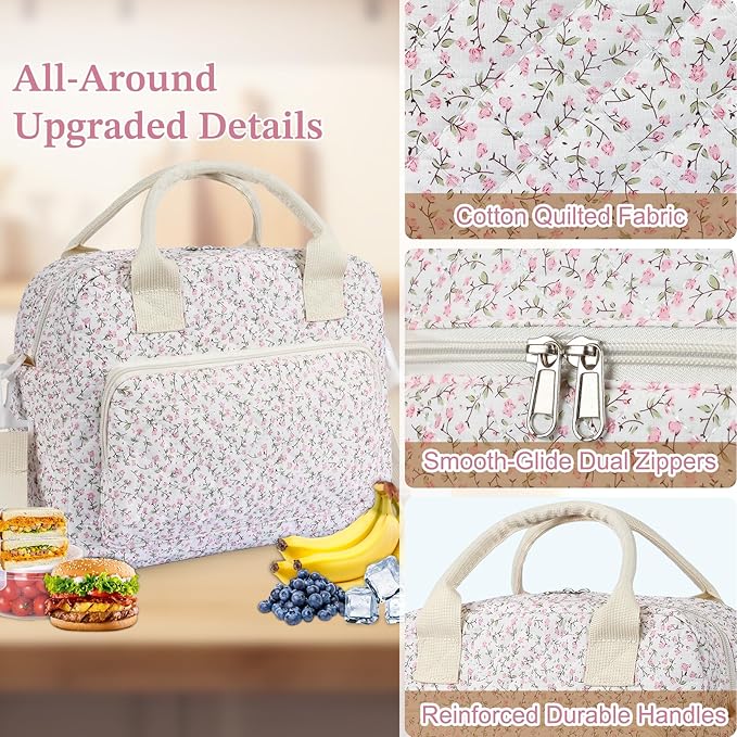 Quilted Lunch Box for Women,Large Pink Floral Insulated Lunch Bag for Adult,Cute Lunch Tote Bags for Work Picnic Travel(Pink Floral,M)
