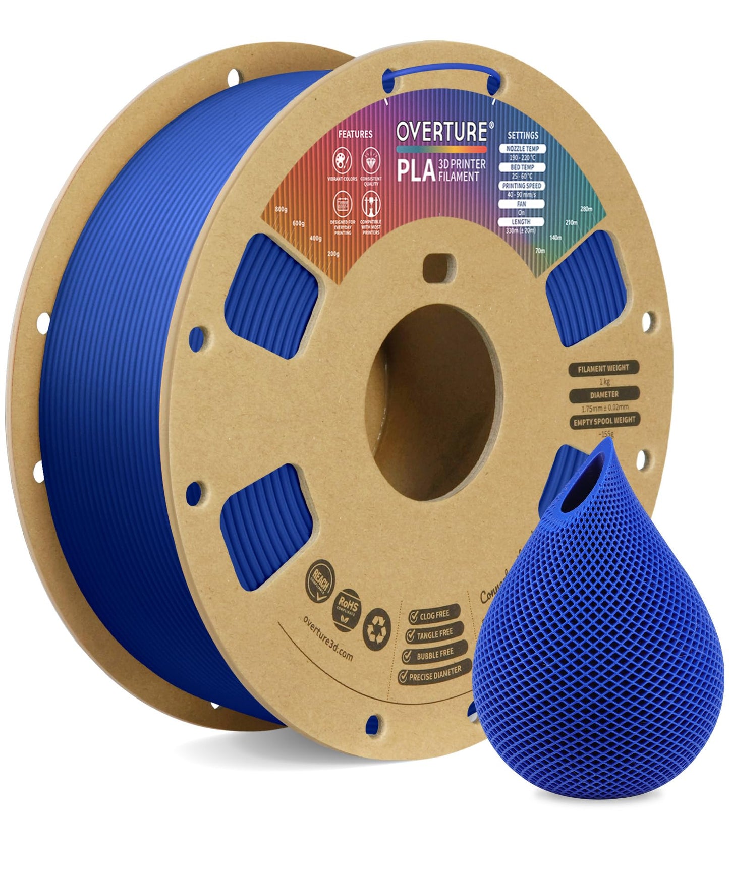 OVERTURE PLA Filament 1.75mm PLA 3D Printer Filament, 1kg Cardboard Spool (2.2lbs), Dimensional Accuracy +/- 0.02mm, Fit Most FDM Printer (Blue)