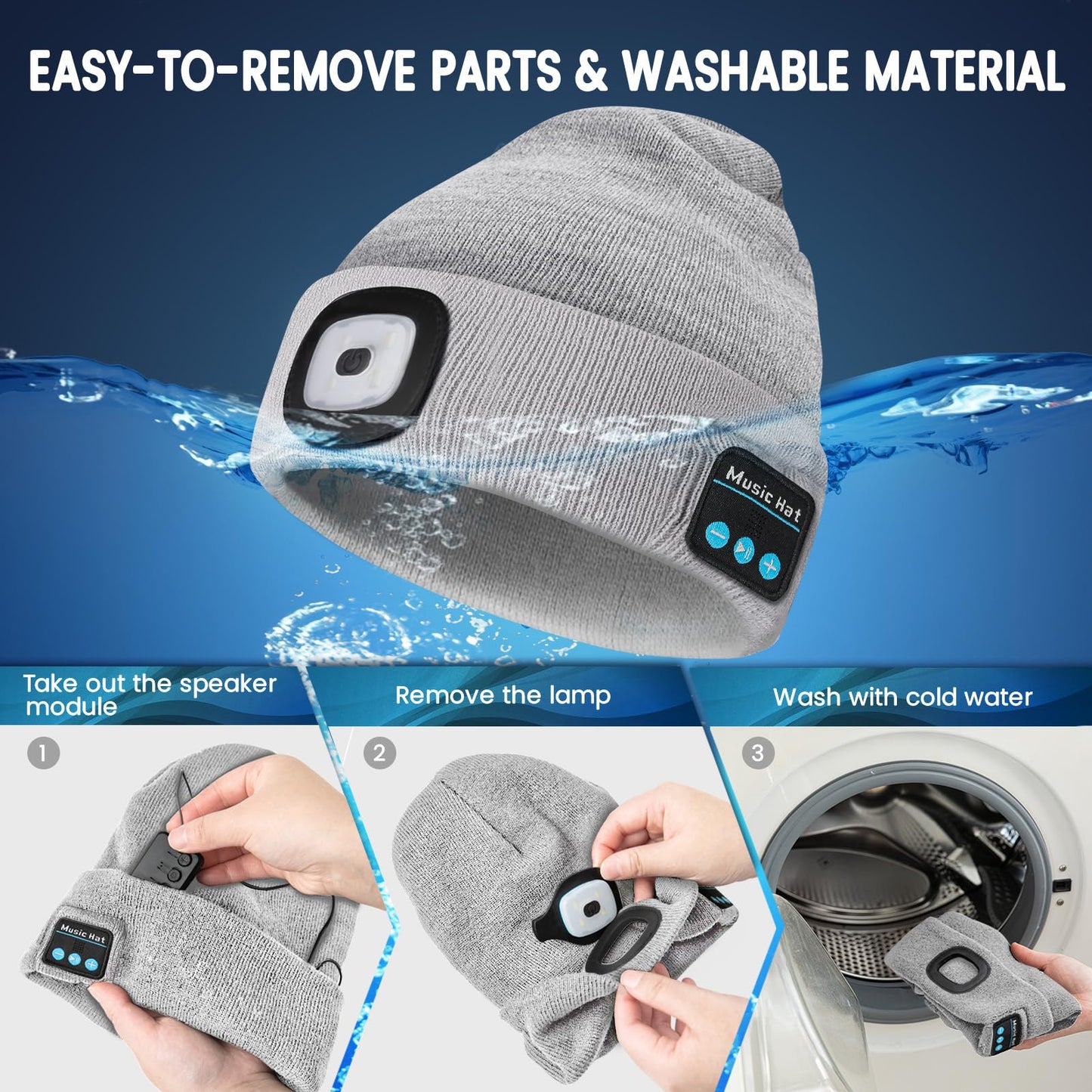 Vibhigh-standard Bluetooth Beanie Hat With Light  Usb Rechargeable Led Headlamp With Wireless Headphones  Christmas Gifts Stocking Stuffers For Men  Teen Boys  Him  Husband  Boyfriend  Grey
