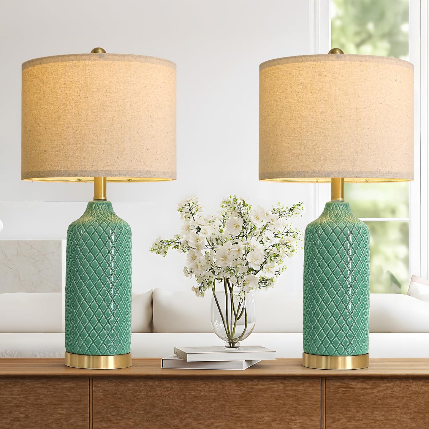 G-Safava24.25 Modern Ceramic Green Table Lamps Set Of 2 For Living Room  Farmhouse  Bedside  Bedroom  Side & End Tables Nightstand Light Home Office Desk Lamps Gifts