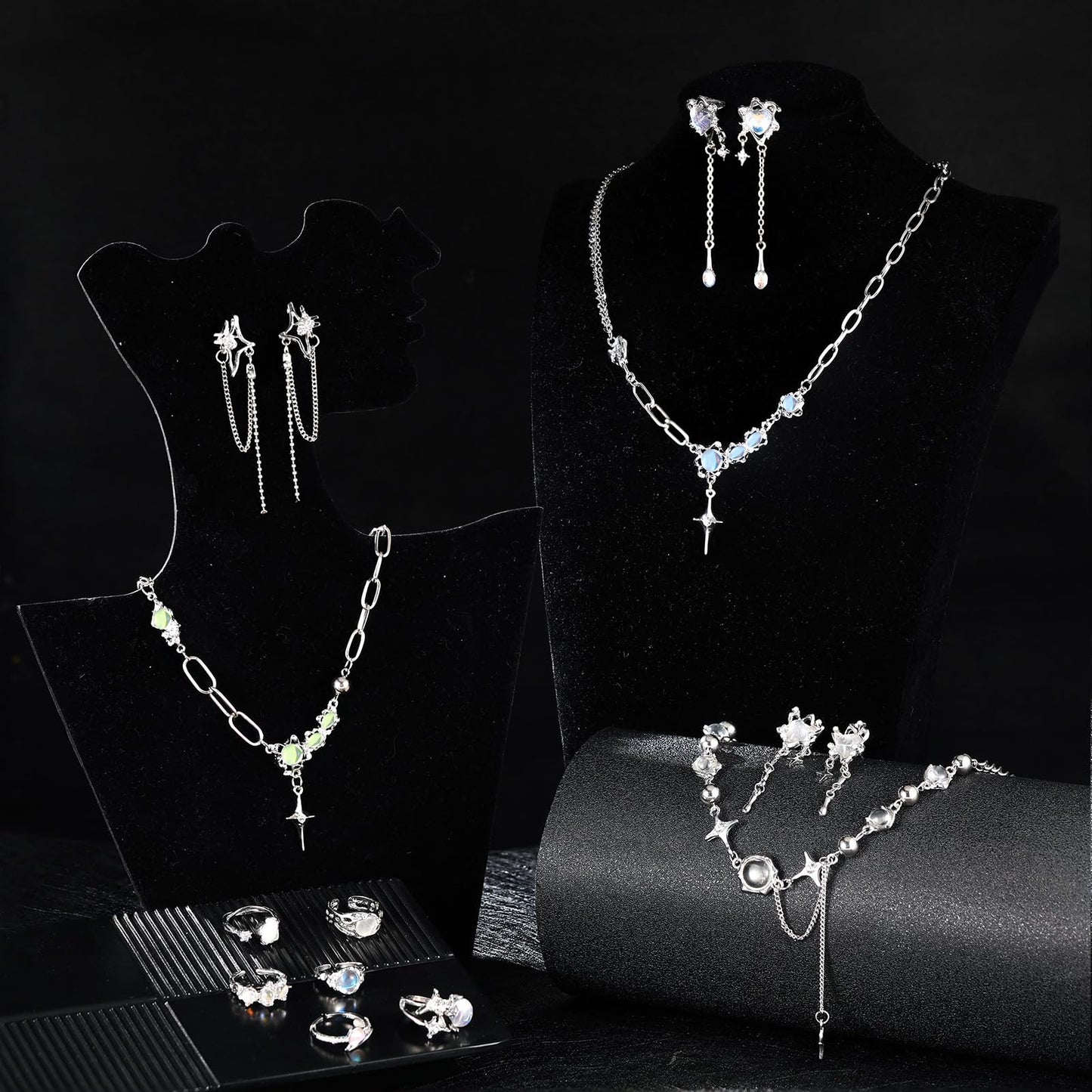 Tondiamo 12 Pcs Y2k Necklace Jewelry Set Y2k Star Moonstone Accessories Irregular Pendant Earrings Dangling Silver Rings Aesthetic Crystal Jewelry Gifts Indie Punk Rings Adjustable for Women