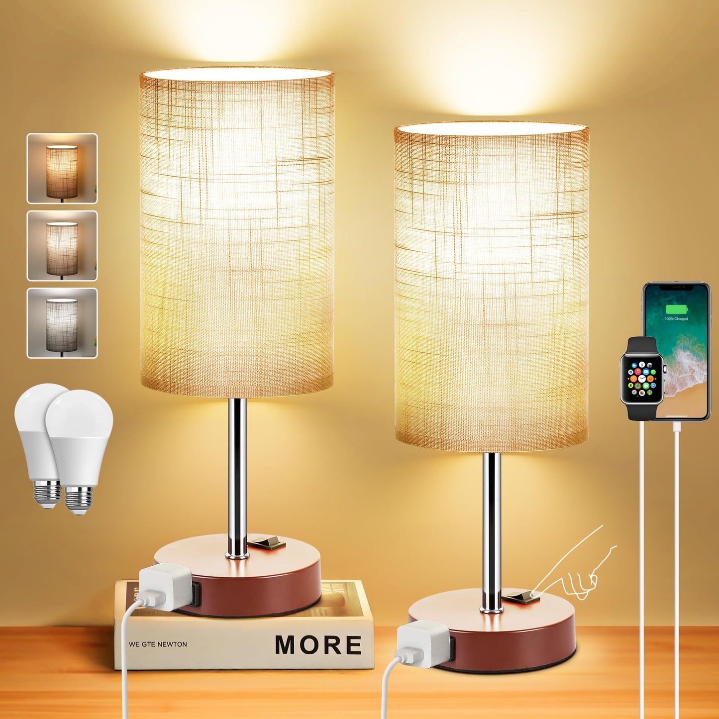 ZJOJO Table Lamp Set of 2, 3-Way Dimmable, Metal, Brown, Simple Round Model, with AC Outlets for Bedroom and Living Room