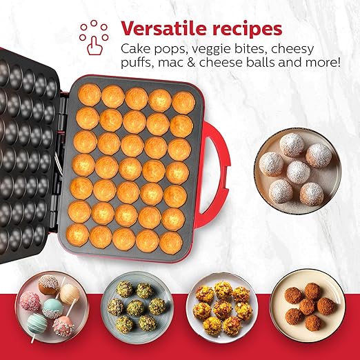 Holstein Housewares 35-Count Cake Pop Maker with Non-Stick Plates & Indicator Lights – Bakes 35 Sweet or Savory Pops Fast, Perfect for Birthday Treats & Holiday Party Snacks, Red