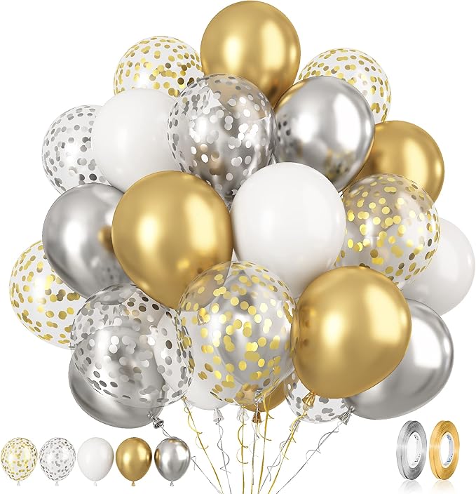 Paready Gold and Silver Latex Balloons, 60 Pcs 12 Inch Metallic Gold Silver and White Confetti Balloons for Birthday Baby ...