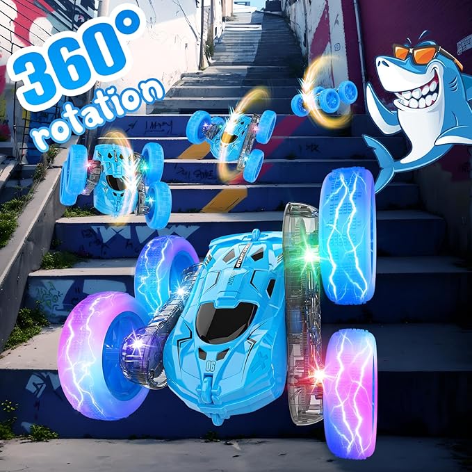 Remote Control Car for Boys Blue Double-Sided 360°Flip RC Cars, Colorful Lights, Multi-Terrain Driving and Rechargeable Battery RC Car,Toys for Ages 2-4,Suitable for Girls Boys Ages 4-12 Toys Gifts