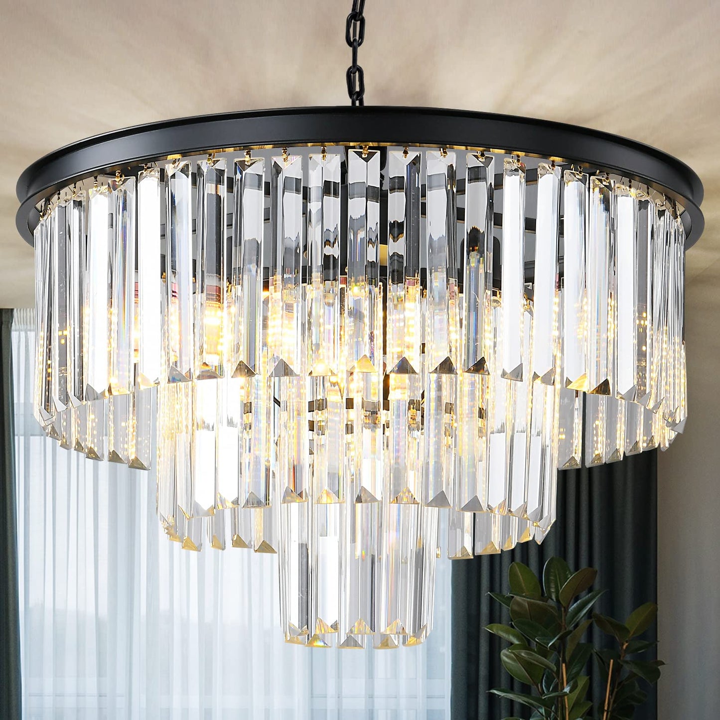 Laiuetai Black Modern Crystal Chandelier  3-Tier Round Flush Mount Ceiling Light Fixtures Height Adjustable Pendant Lighting For Dining Room Living Room Bedroom Kitchen Hotel Foyer