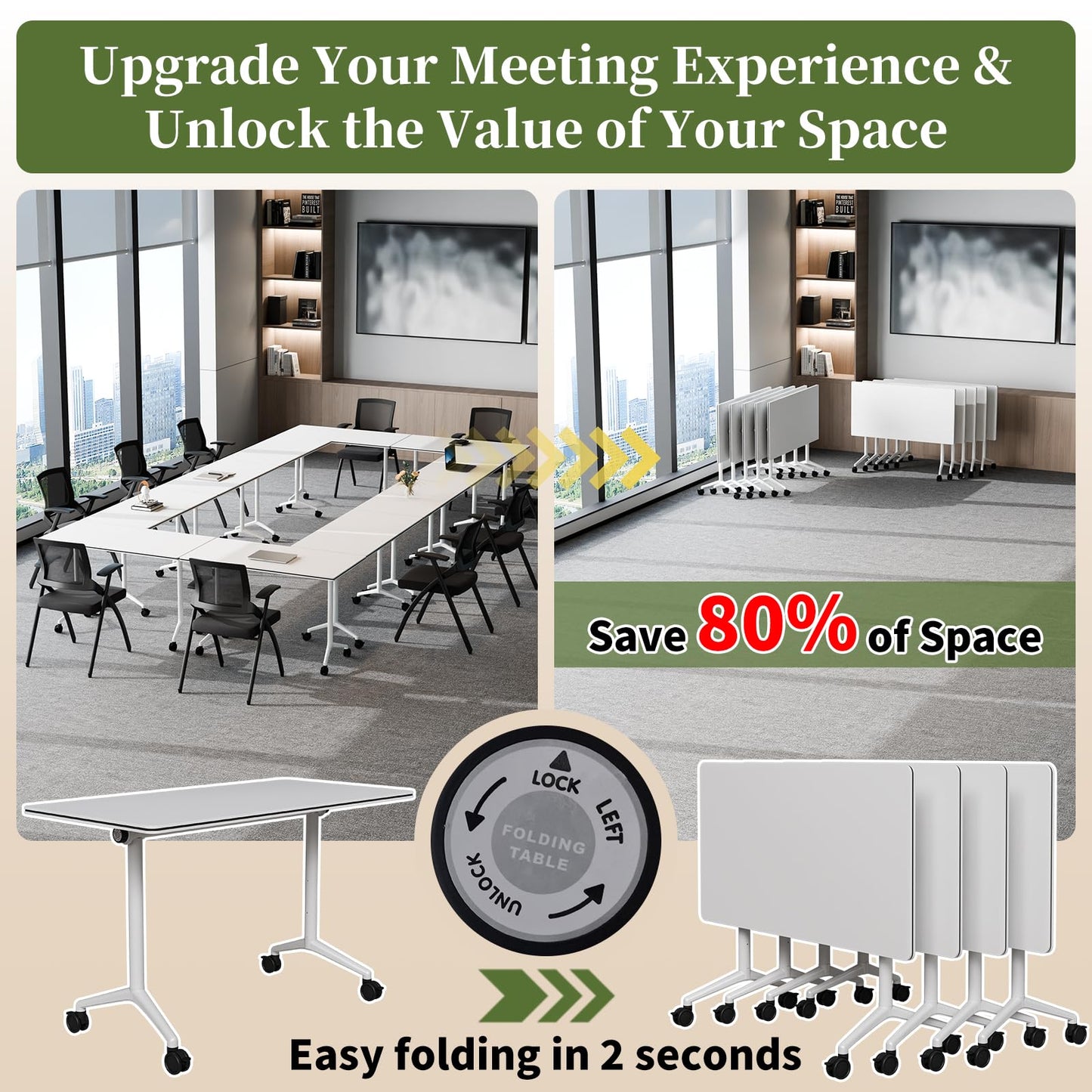 Modular Folding Conference Table with Wheels,6 Pack Mobile Conference Room Tables,Filp Top Rolling Meeting Training Tables for Office,Classroom,Library,Seminar,Boardroom,school(6pack,White,61in)