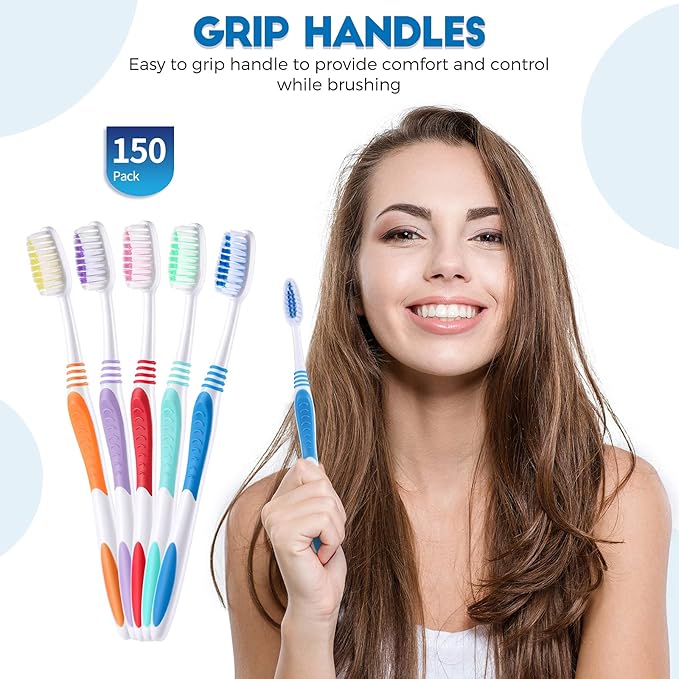 CHENGU 150 Pieces Individually Wrapped Toothbrushes Manual Disposable Travel Toothbrush Medium Soft Bristle Tooth Brush Travel Toothbrush Bulk Toothbrushes for Hotel, Guest, Adults, Kids, Multi Color