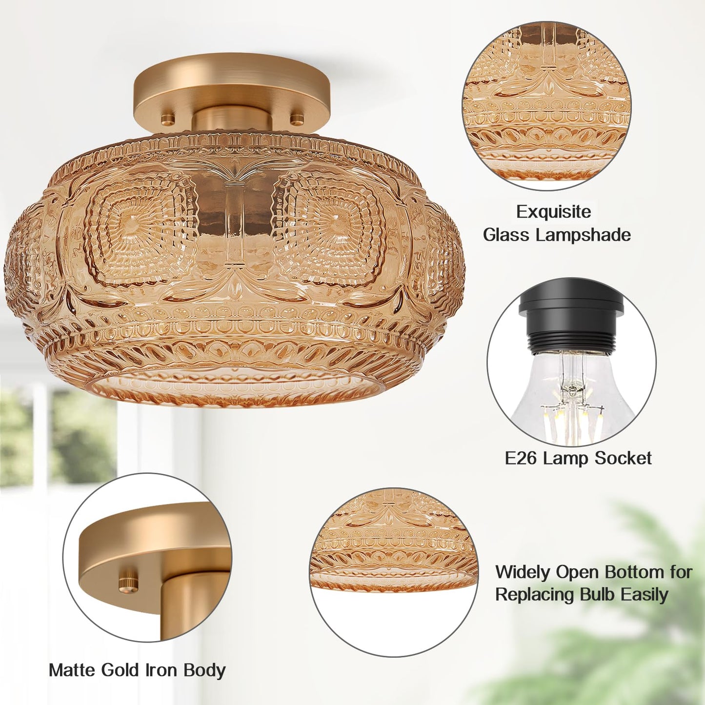 Oykyohei Semi Flush Mount Ceiling Light  Upgraded Larger Amber Glass Ceiling Light Fixture  Vintage Lighting For Hallway Kitchen Bedroom Dining Room  Bulb Not Included