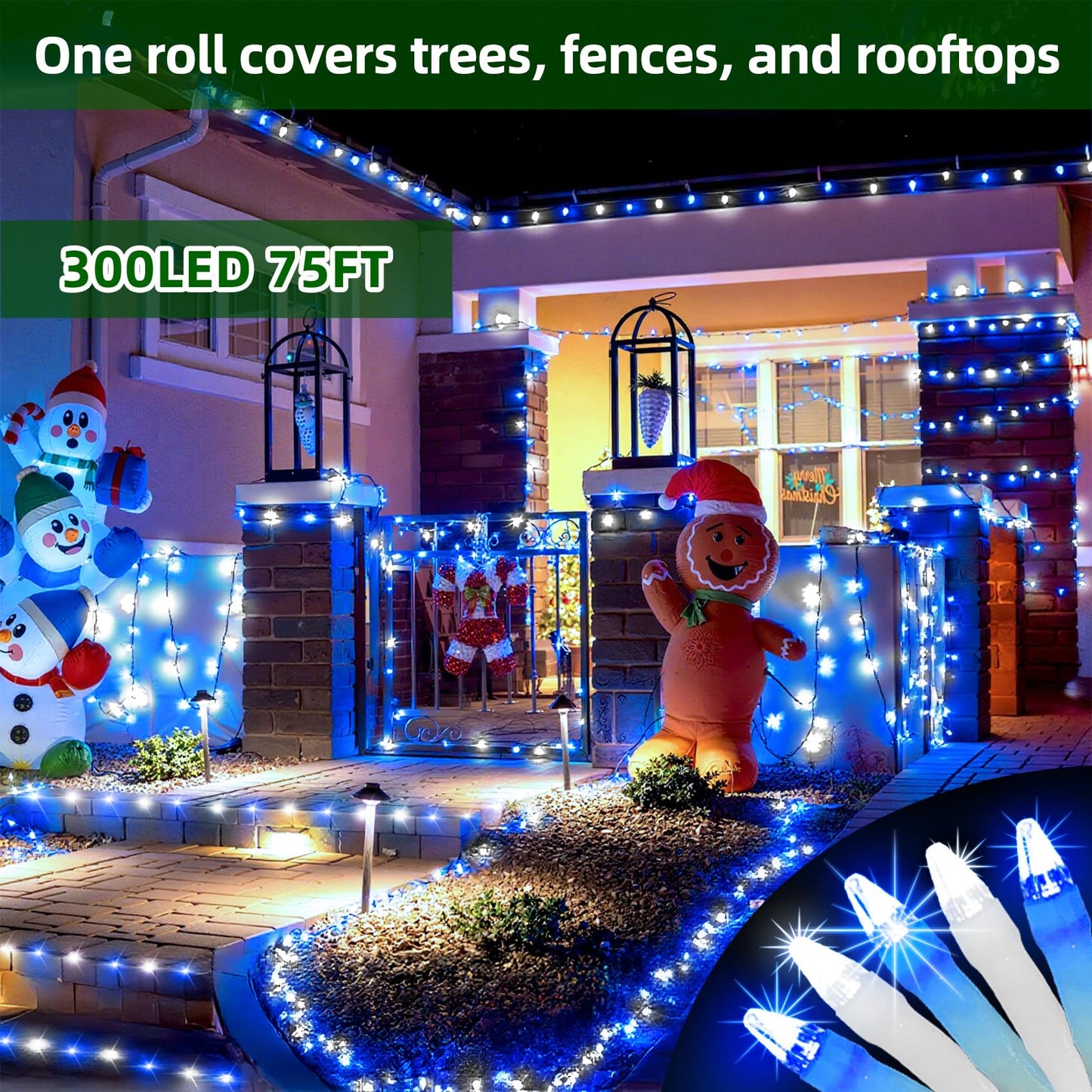 300Led Chrstmas Lights  75Ft Indoor Outdoor Christmas String Lights With 12 Modes  Blue Cool White Led String Lights With Timer Dimmable Waterproof For Tree Fence Wedding Party Decor Blue & White