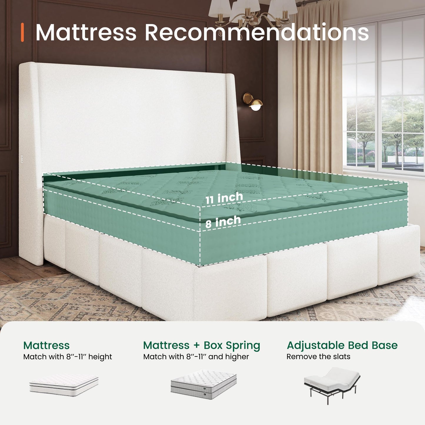 LARMACE Queen Size Bed Frame 54.2" Extra Tall Wingback Headboard, Lambswool Upholstered Platform Bed Frame with Legs Featuring Built-in Charging Ports, Wood Slats, No Box Spring Needed, White