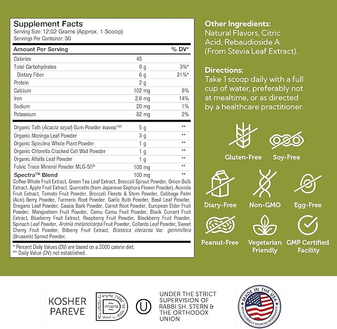 Zahler Core Greens - Organic Superfood - Phytonutrient Rich Super Greens with Spirulina, Chlorella & More - Kosher Non GMO Green Juice/Green Smoothie Citrus Flavor