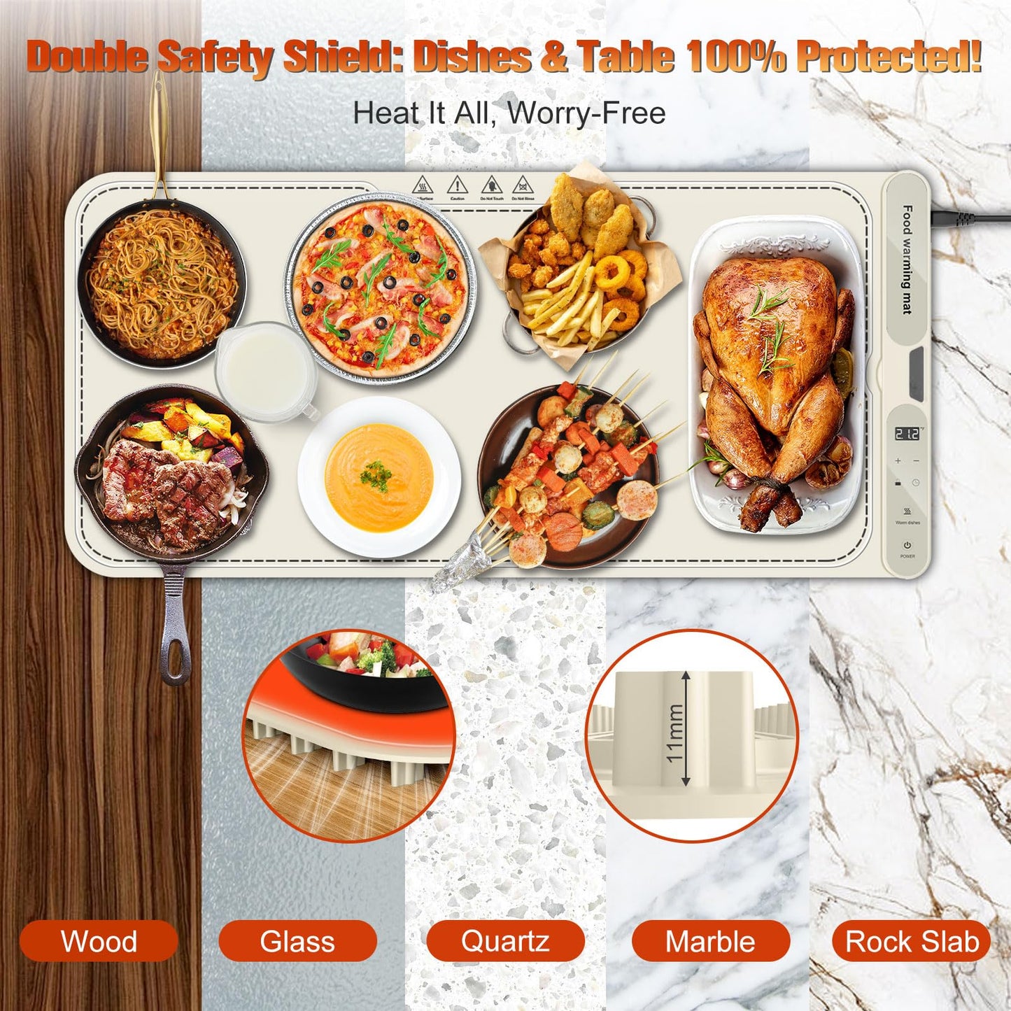 ATAUSD Warming Mat for Food Extra Large, Electric Warming Tray, 15"x31.5" Silicone Heating Mat with 7 Level Adjustable Temp and 8 Hours Timer, Food Warmer for Parties Buffet Home Travel, Beige