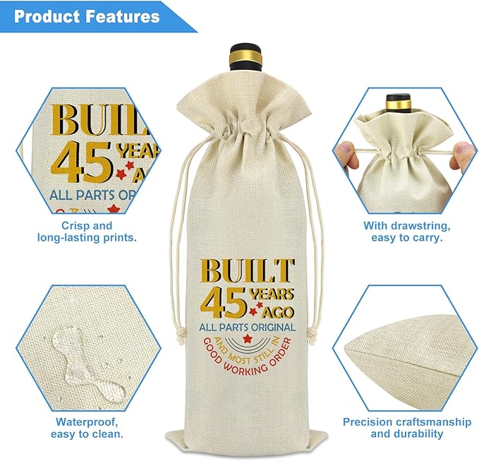 Funny 45th Birthday Gifts Happy Birthday Party Wine Bag 45 Years Old Birthday Gift for Her Him 45th Anniversary Birthday Gifts for Friends Wife Husband Mom Dad Aunt Uncle Decorative Wine Bottle Bag