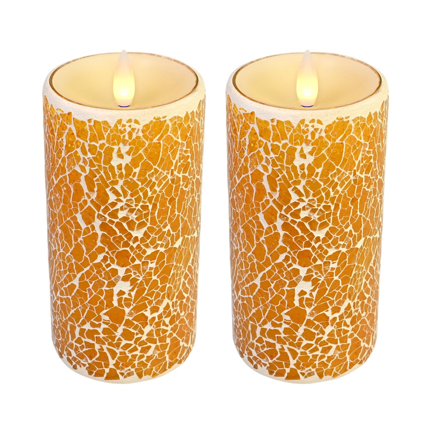 CozierGlow Glass Flameless Pillar Candles Flickering with Remote Timer, Battery Operated LED 3D Moving Flame Real Wax Candles,Remote Included (Honey Yellow Cracked Glass)
