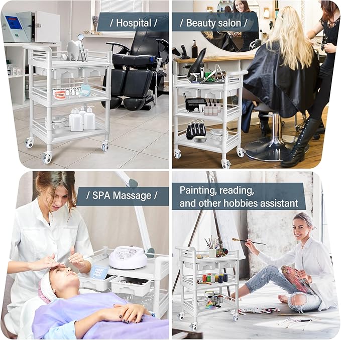 Beauty Salon Trolley Cart, Esthetician Cart with Wheels & Bucket and 2 Big Drawer, 3 Tier Heavy Duty SPA, Load 330lbs, 360° Rotate Silent Wheels for Beauty Salon SPA Hospital Office Lab