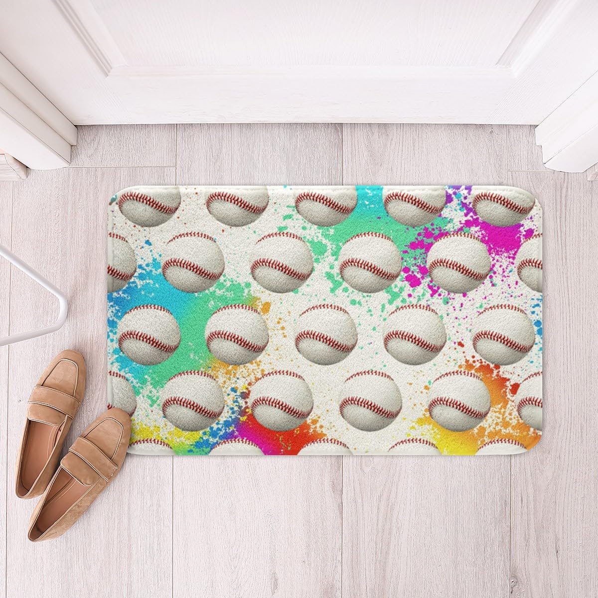 Feelyou Boys Baseball Polyester Bath Rug Ball Games Themed Soft Fleece Door Carpet for Kids Boys Girls Rainbow Graffiti Non Slip Bath Mat Ball Gaming Bathroom Floor Indoor Doormat,16x24 Inch