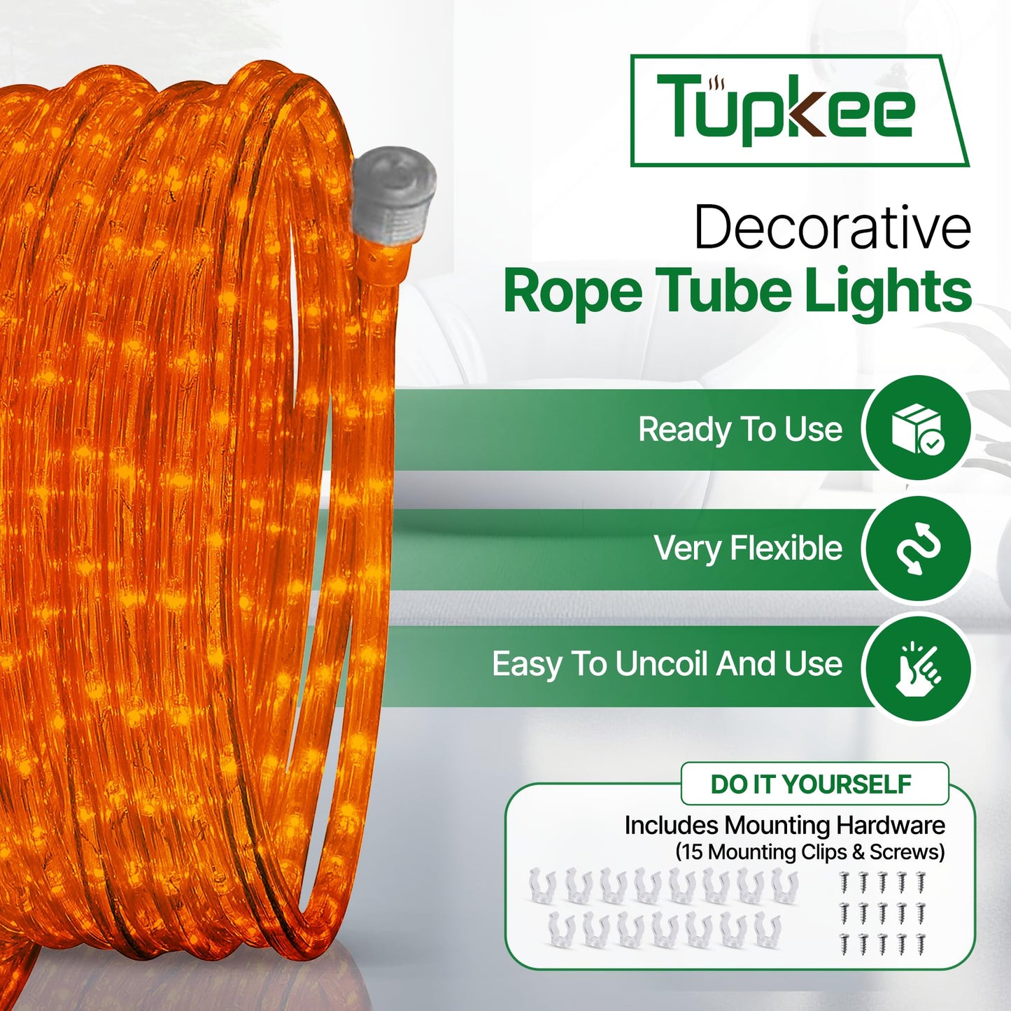 Tupkee LED Rope Light - Orange, 24 Feet, 10MM Diameter, 144 Long Life Bulbs, Indoor/Outdoor Use, Model E237798