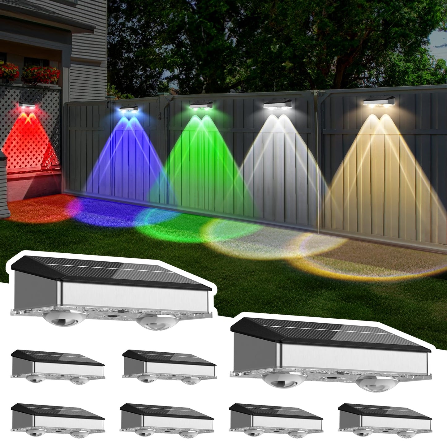 Solar Fence Lights Outdoor 8 Pack  Stainless Steel & Ip65 Waterproof  8 Lighting Modes High Brightness Led Spot Lens Deck Lights Dusk To Dawn For Backyard Stair Railing Patio Wall