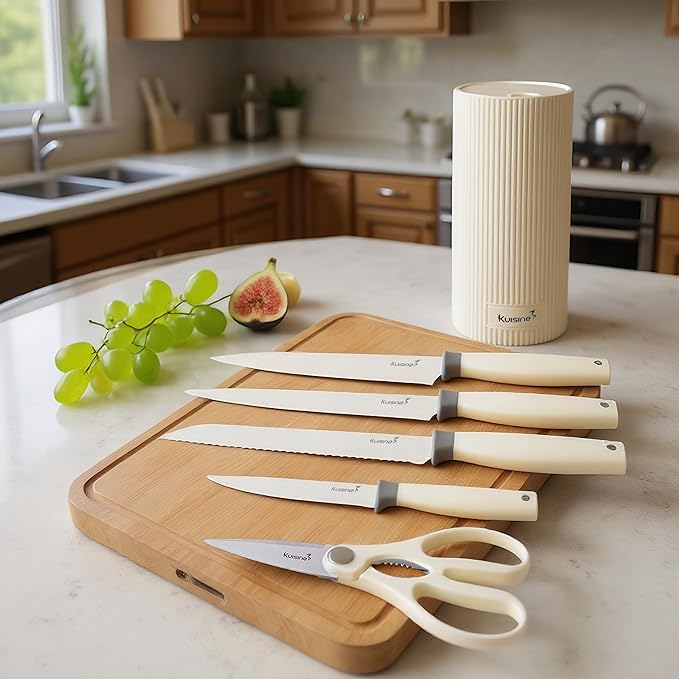 KUISINE Upgraded Sharp Chef Knife Set,High Carbon Stainless Steel Ergonomic Handle Knife Set with 3-hole Bottom Block,Easy to Drain and Clean(Ivory Silver Pro,6PCS)