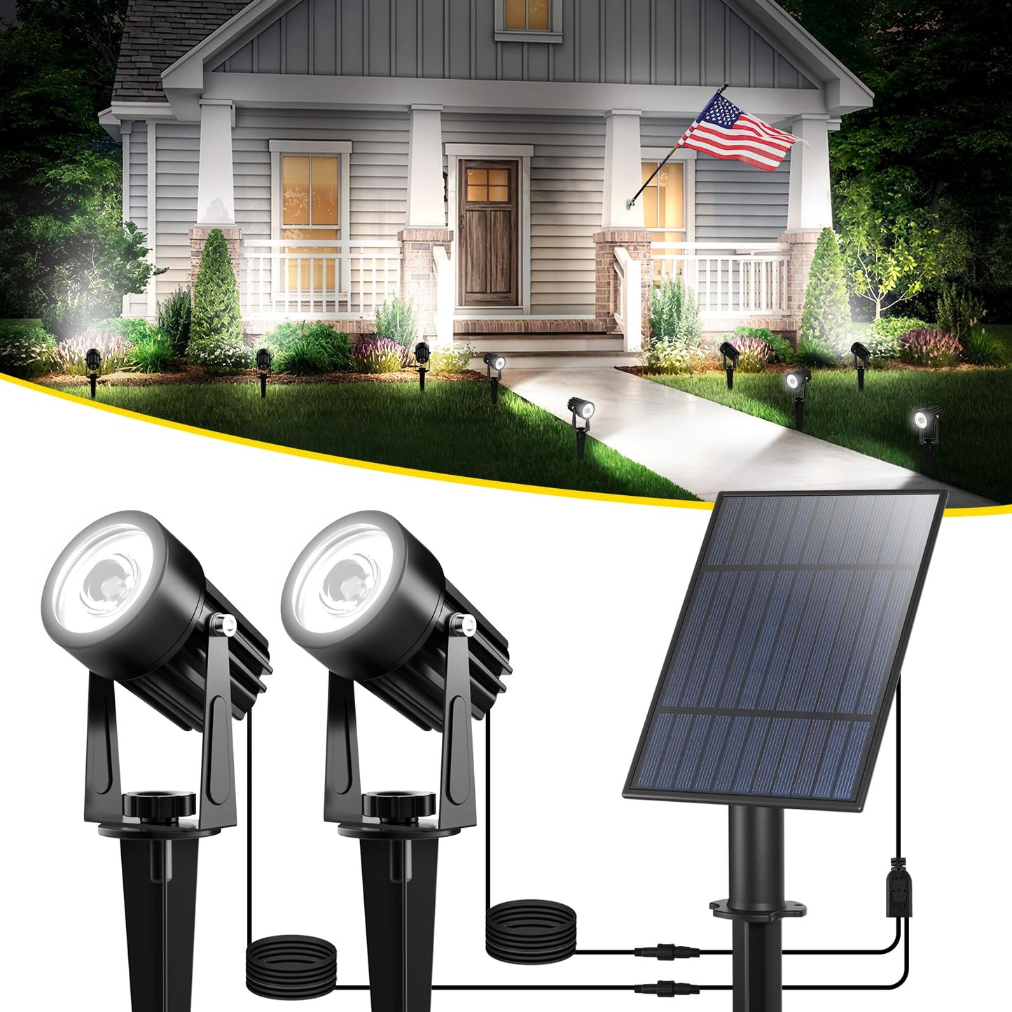 T-SUN 2W Solar Spotlights, LED Outdoor Landscape Lights, Waterproof, Dual Head, 2-IN-1, Cold White