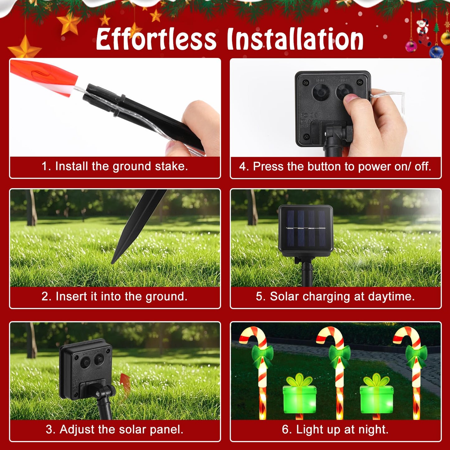 Lewondr Solar Christmas Pathway Lights, 5 PCS Solar Christmas Decorations Outdoor with 2 Lighting Modes, Cane and Gift Box Lights with Garden Stake, Waterproof Garden Yard Lawn Patio Holiday Decor