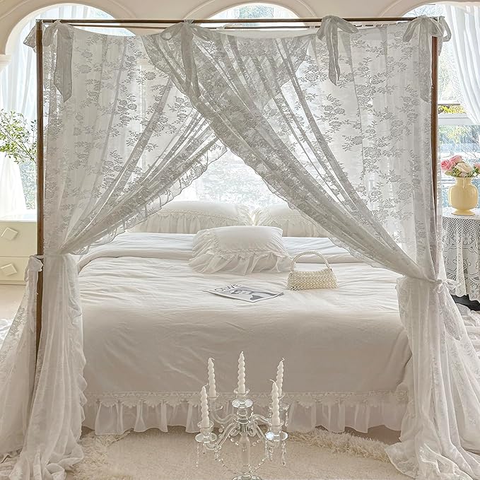 Mengersi Canopy Bed Curtains with Tie Backs,Bed Canopy Curtains Bed Drapes Sheer Curtains for Bedroom Decor（Queen,White