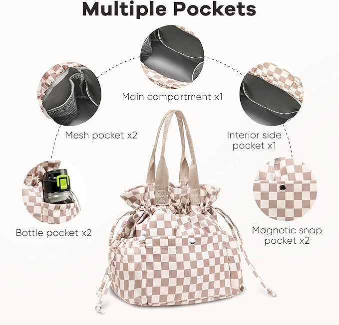 Yarnic Lunch Bag Women Insulated Lunch Bags,Cute Reusable Lunch Box Stain-Resistant Lunchbox with Water Bottle Holder for Adult Men Work Travel Picnic (Beige Coffee Checker)