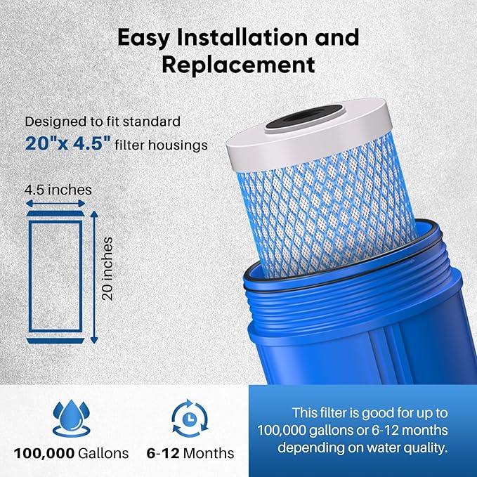 PUREPLUS 5 Micron 20" x 4.5" Whole House Lead Removal Water Filter, Enhanced Coconut Shell Activated Carbon Water Filter, Replacement Cartridge, CTO20BB-CQB, 1 PACK
