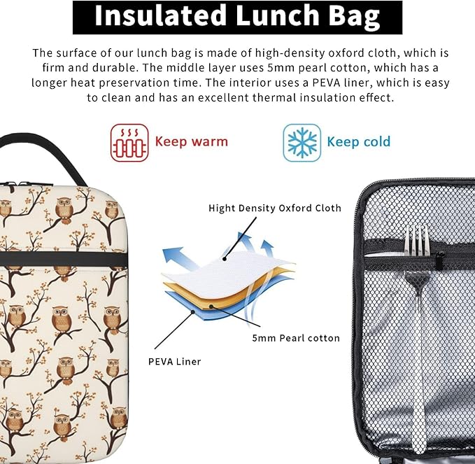 Owl Lunch Box Insulated Lunch Bag for kids Girls Boys,Reusable Lunch Box Containers for Women Men,Durable Cooler Tote Bag Lunchbox for Office/School/Picnic
