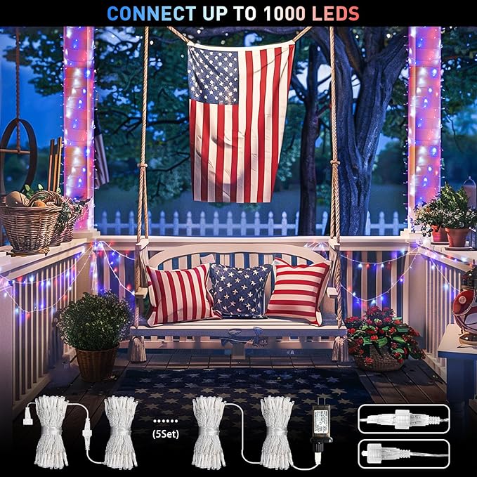 JMEXSUSS Red White & Blue Lights Clear Wire, 66 Ft 200 LED 4th of July Decorations String Lights Plug in, Christmas Lights for Independence Day Celebration Party Memorial Day Patriotic Holidays Decor