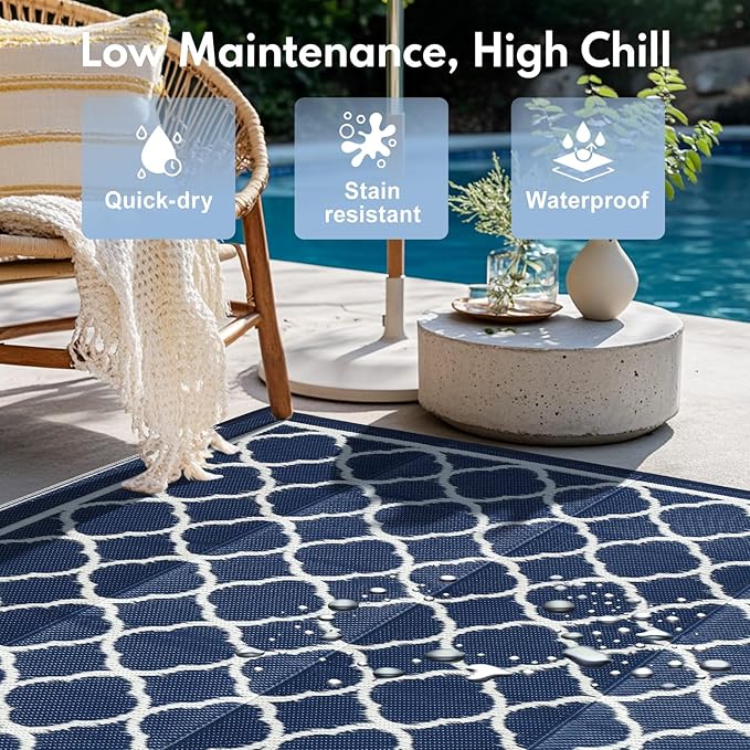 Waterproof Outdoor Rug 6x9 ft, Reversible Plastic Straw Rug, Easy to Clean Patio Rug, Portable Carpet for Patio, RV, Deck, Balcony, Backyard, Picnic, Beach, Clover, Navy Blue