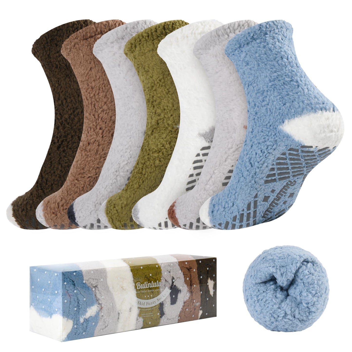 Bulinlulu Fuzzy Socks with Grips Plush Sleep Cozy Winter Soft Hospital Fluffy Socks Gifts for Womens Mens Gifts(Black/Dark Green/Grass Yellow/Blue/Grey/White)