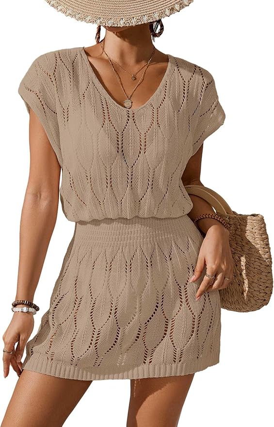 BreathSunny Womens Crochet Elastic Waist Beach Dresses Summer 2025 Scoop Neck Cap Sleeve Bathing Suit Cover Up Mini Dress
