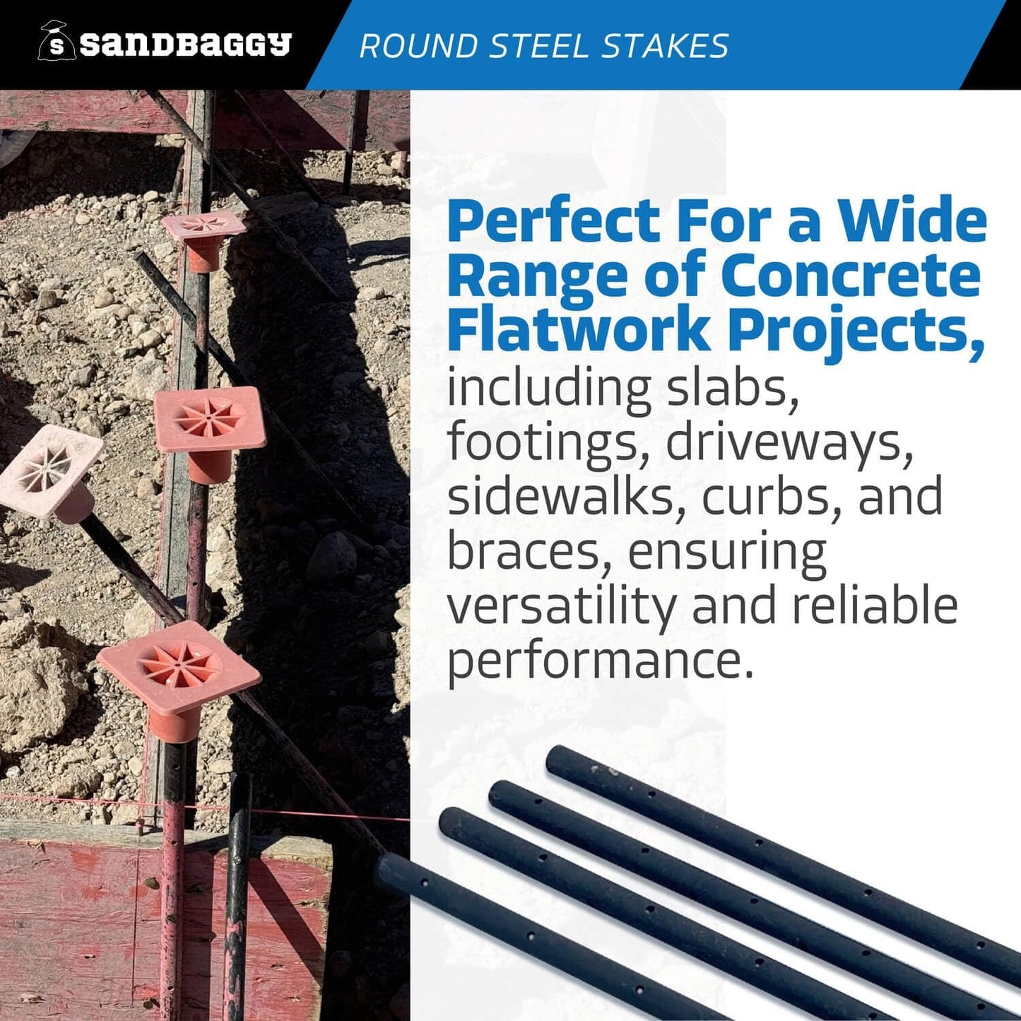 Sandbaggy Round Steel Concrete Form Stakes with Nail Holes - Rust Resistant Coating - Removable, Reusable (10, 3/4 in X 48 in)