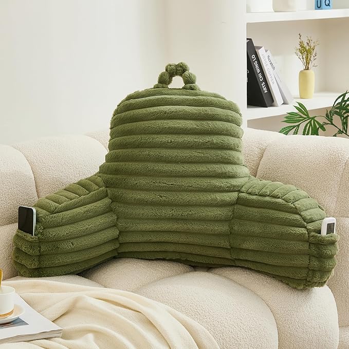 WERDIM Reading Pillow for Sitting in Bed, Faux Fur Back Pillow for Bed Rest, Bed Chair Pillow with Arms and Pockets(Large, Sage)