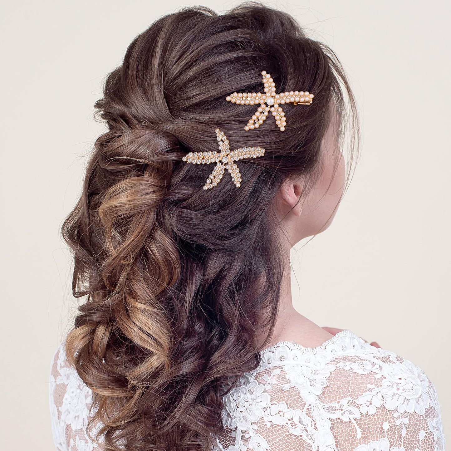 PAGOW 3 PCS Starfish Hair Clips, Gold Pearls Rhinestone Hair Clips, Crystal Sea Star Ponytail Holder, Faux Pearl Crystal Wedding