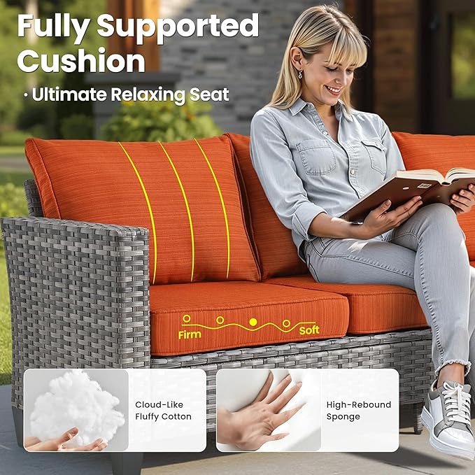 ovios 6 Pieces Patio Furniture Set with 54" Fire Pit Table, Outdoor Wicker Sofa with Comfy Cushions, All Weather High Back Rattan Couch Conversation Set, Orange Red