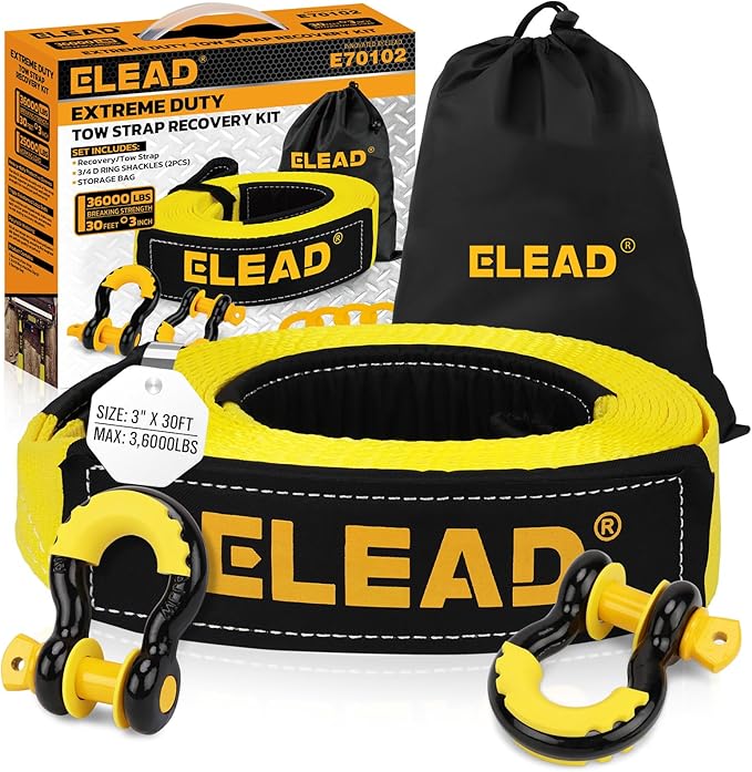 ELEAD Recovery Tow Strap Heavy Duty with Hooks 3" x 30Ft - 36000 LBS Break Strength, 3/4 D Ring Shackles (2pcs), Emergency...