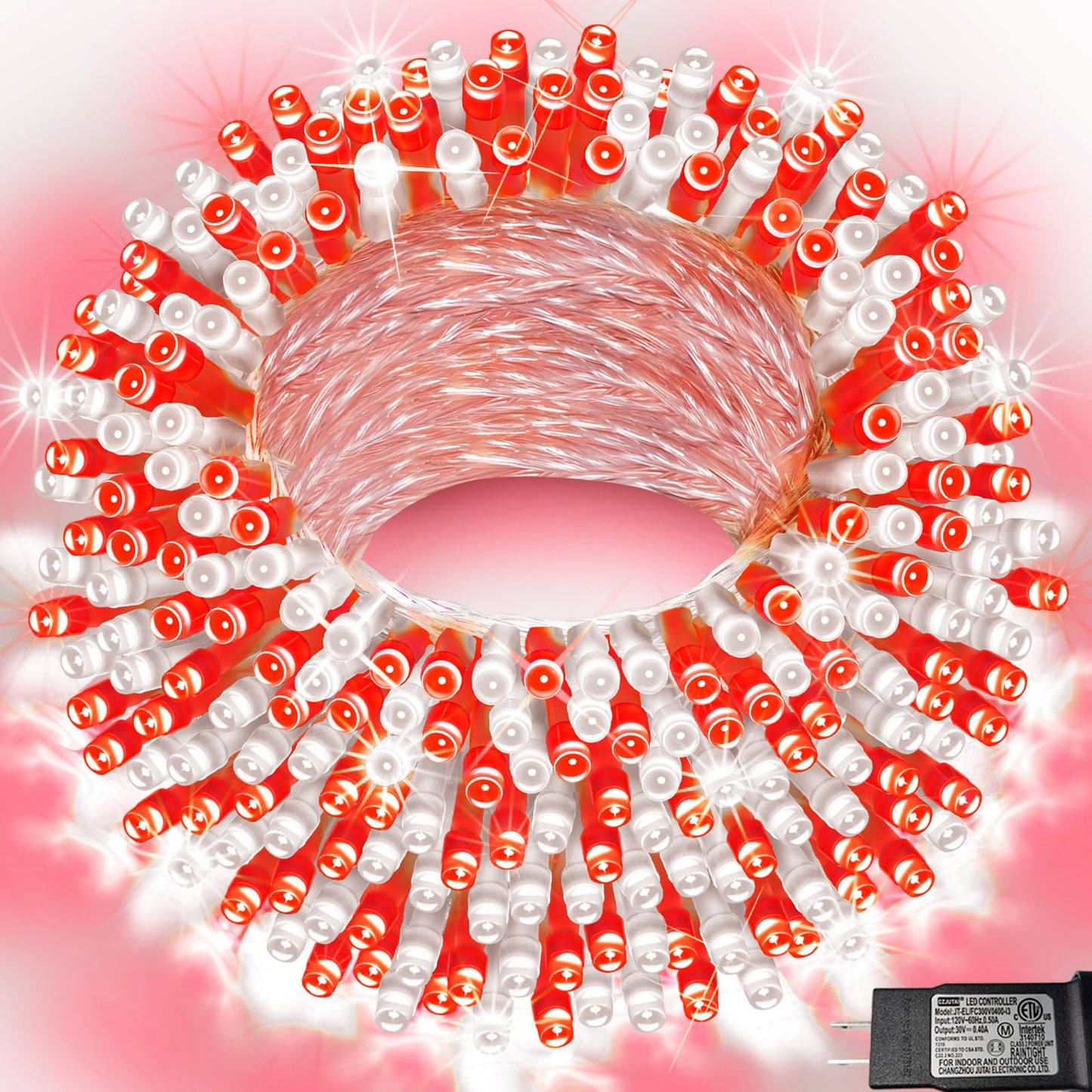 Pooqla Christmas String Lights, 66 ft, 200 LED, Clear Wire, 8 Modes, Red and White