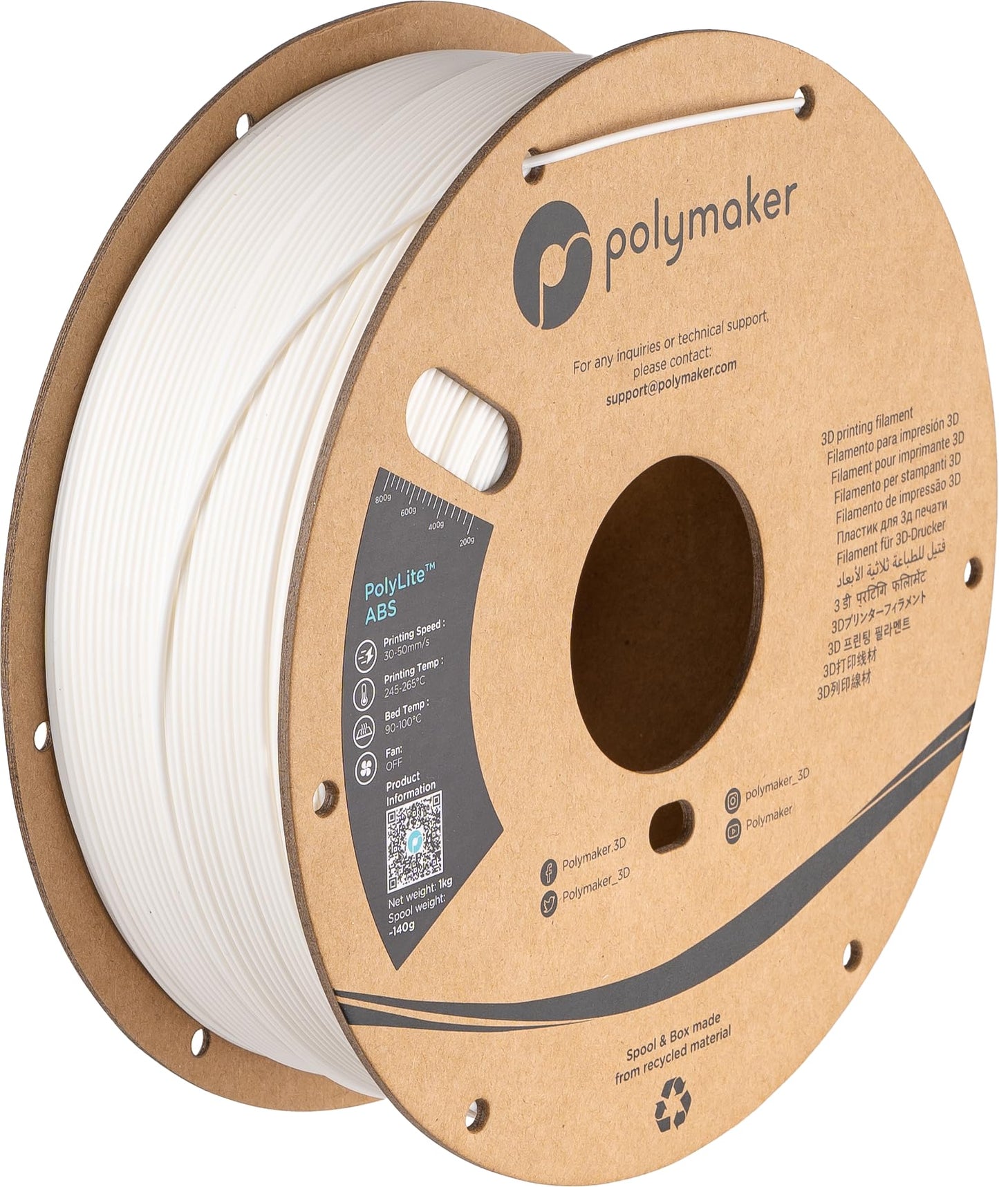 Polymaker ABS Filament 1.75mm White, 3D Printer Filament 1.75mm Heat Resistant 1kg - PolyLite ABS 3D Printing Filament 1.75mm, Strong & Durable, Dimensional Accuracy +/- 0.03mm